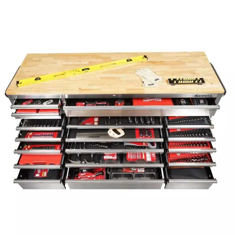 72 in 18-Drawer 24 in. D Mobile Workbench with Solid Wood Top Stainless Steel - Image 4
