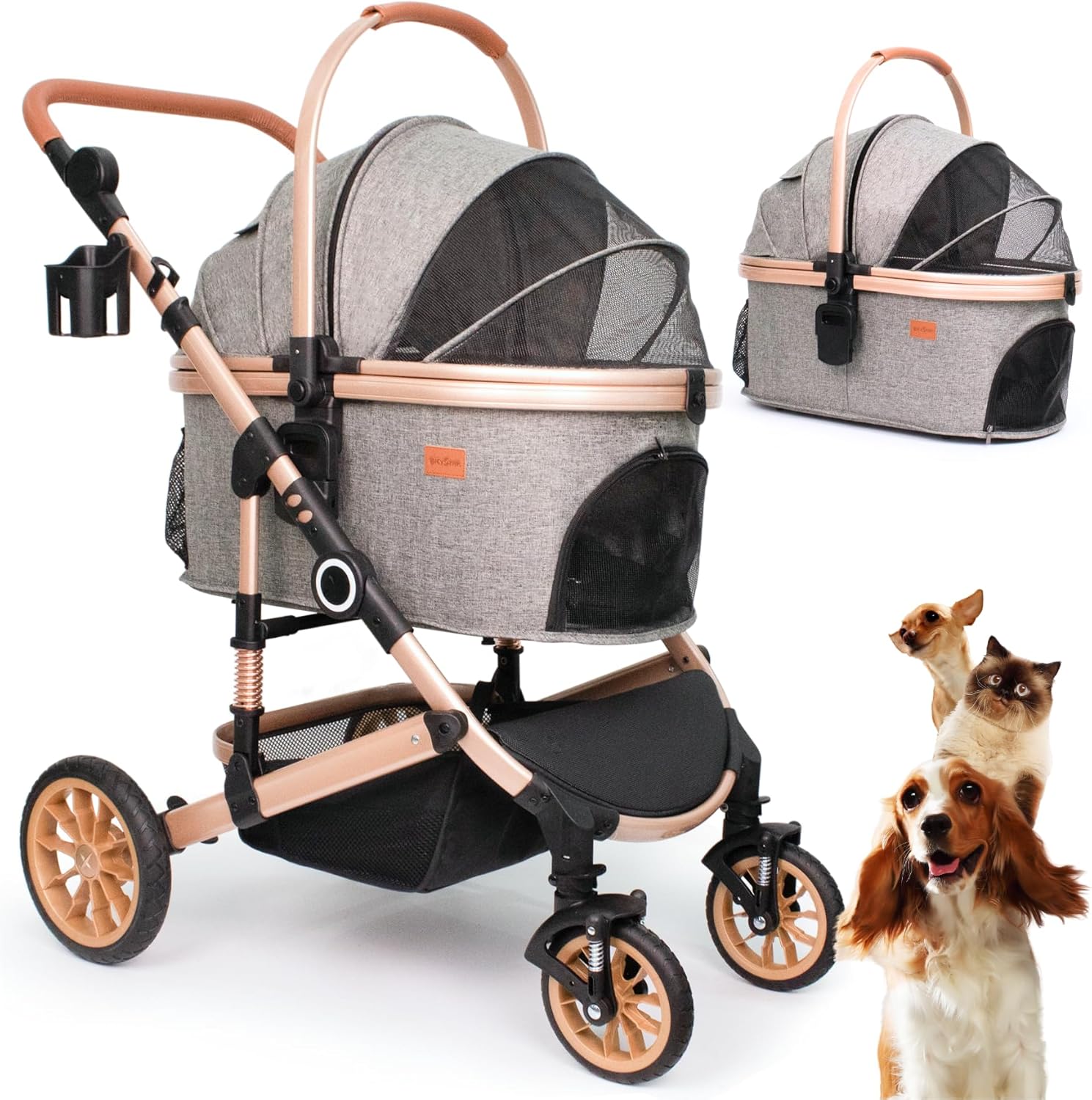 Pet Stroller with 4 Wheels, Foldable Pet Travel Carrier for Small/Medium Dogs Cats up to 50lbs, Detachble Portable Pet Bag, Storage Basket, Car Seat 3 in 1 Multifunctional (Grey) - Image 2