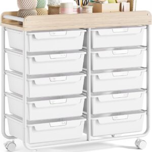Rolling Storage Cart with 10 Large Drawers, Utility Cart with Wooden TableTop for Craft Organizers, Art Supply Storage, Home Office Organization, Cart with Wheels for Classroom, School, Green