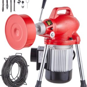 Segmented sewer cleaning machine 66 feet x 5/8 inches, 250-watt electric sewer unclogger with manual feeder - equipped with 2 steel cables, 7 cutters and clockwise/counterclockwise control device, suitable for 1.6-inch to 4-inch pipes.