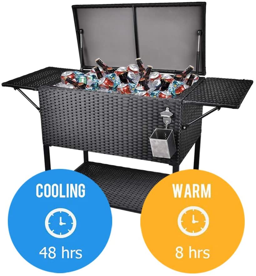 80 Quart Rattan Rolling Cooler Cart, Portable Wicker Cooler Trolley, Backyard Party Drink Beverage Bar - Image 8