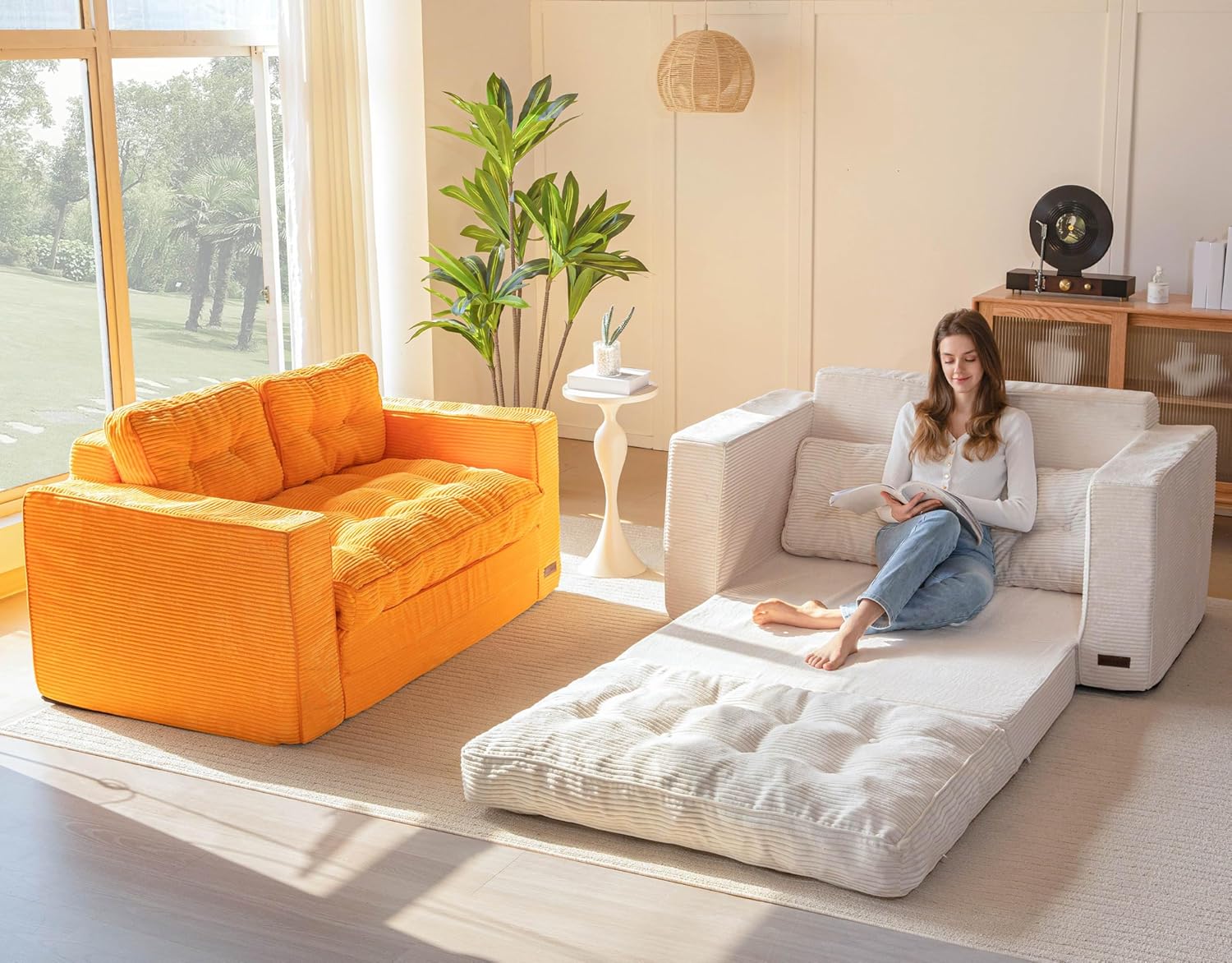 Convertible sofa bed, pull-out double rest sofa, two-in-one folding sofa bed for living room and bedroom, adult padded lounge chair, beige model - Image 2