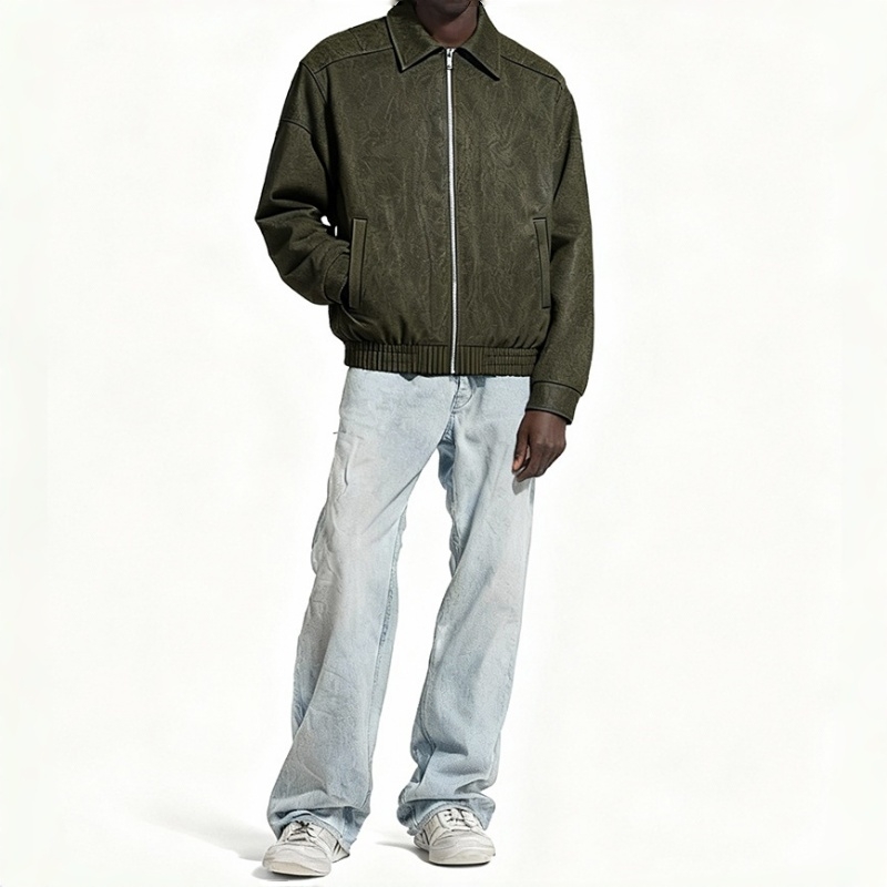 men’s wrinkled pu zip jacket