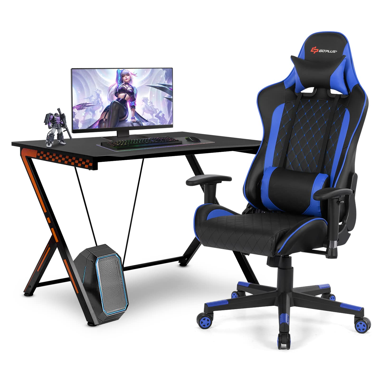 Gaming Desk & Chair Combo Set, Racing Style Home Office Gamer Workstation w/Massage Lumbar Support & Headrest - Image 2