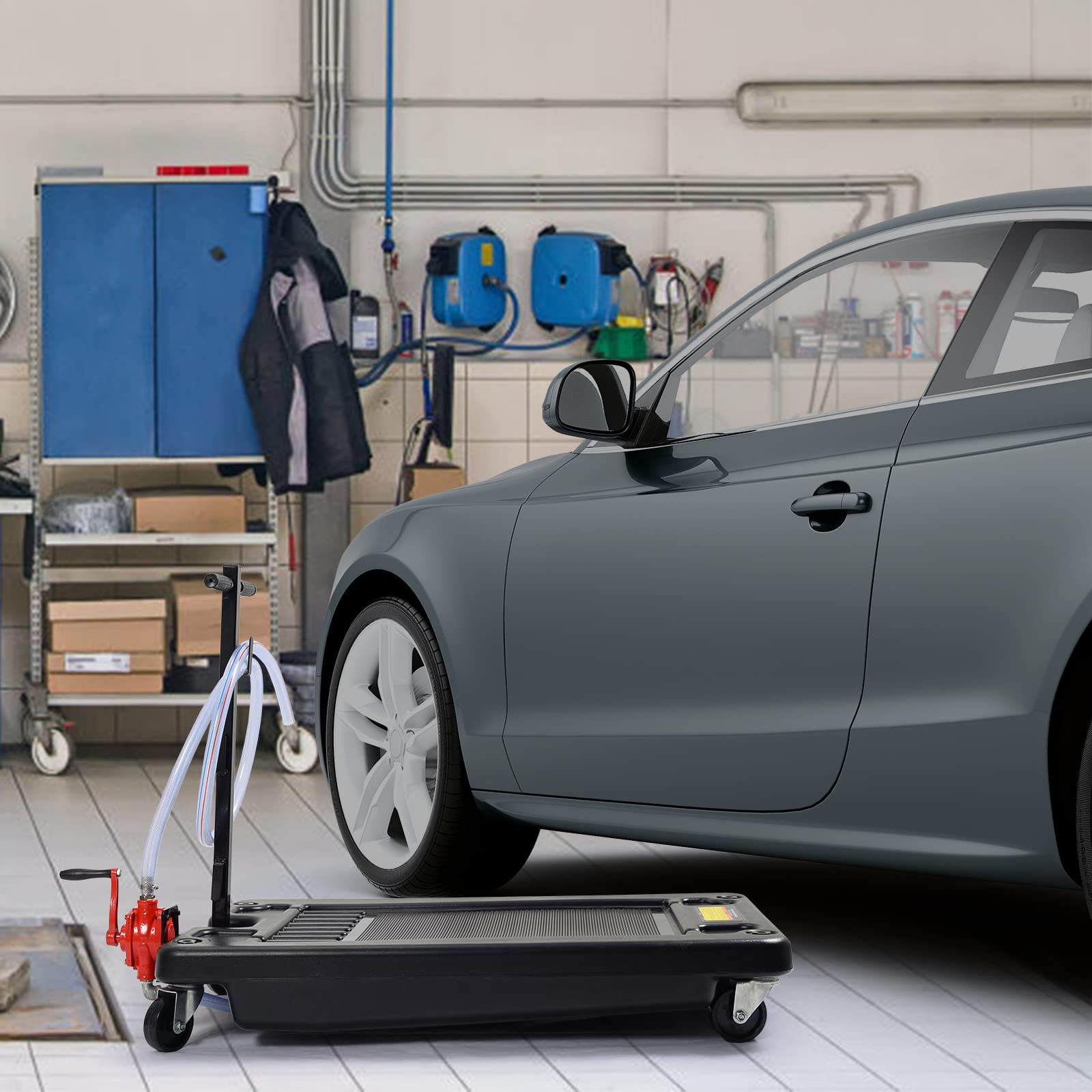 Portable Oil Drain Pan with Pump 17 Gallon Low Profile Oil Change Pan for Truck Car with 8' Hose - Image 2