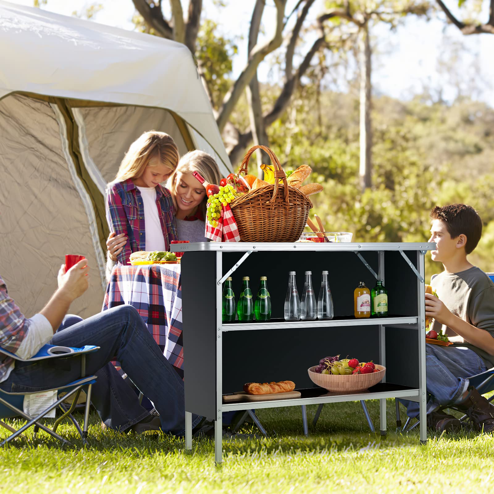 Goplus Folding Camping Table, Aluminum Portable Pop-Up Bar Table with 2-Tier Storage Shelves - Image 9