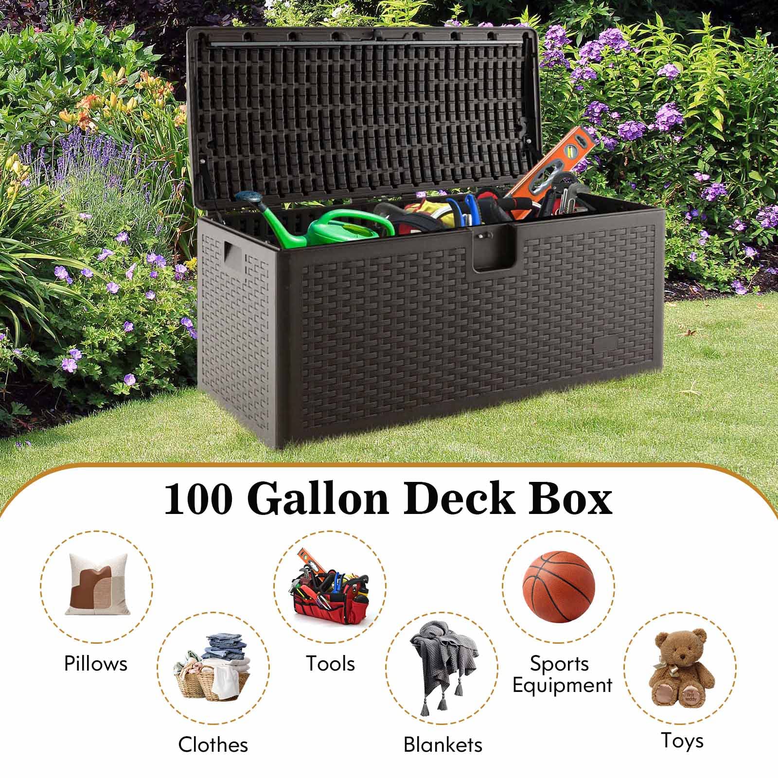 Outdoor Storage Box, 31 73 100 Gallon Waterproof Resin Patio Storage Box with Lockable Lid, Side Handle for Pillows, Cushions - Image 21