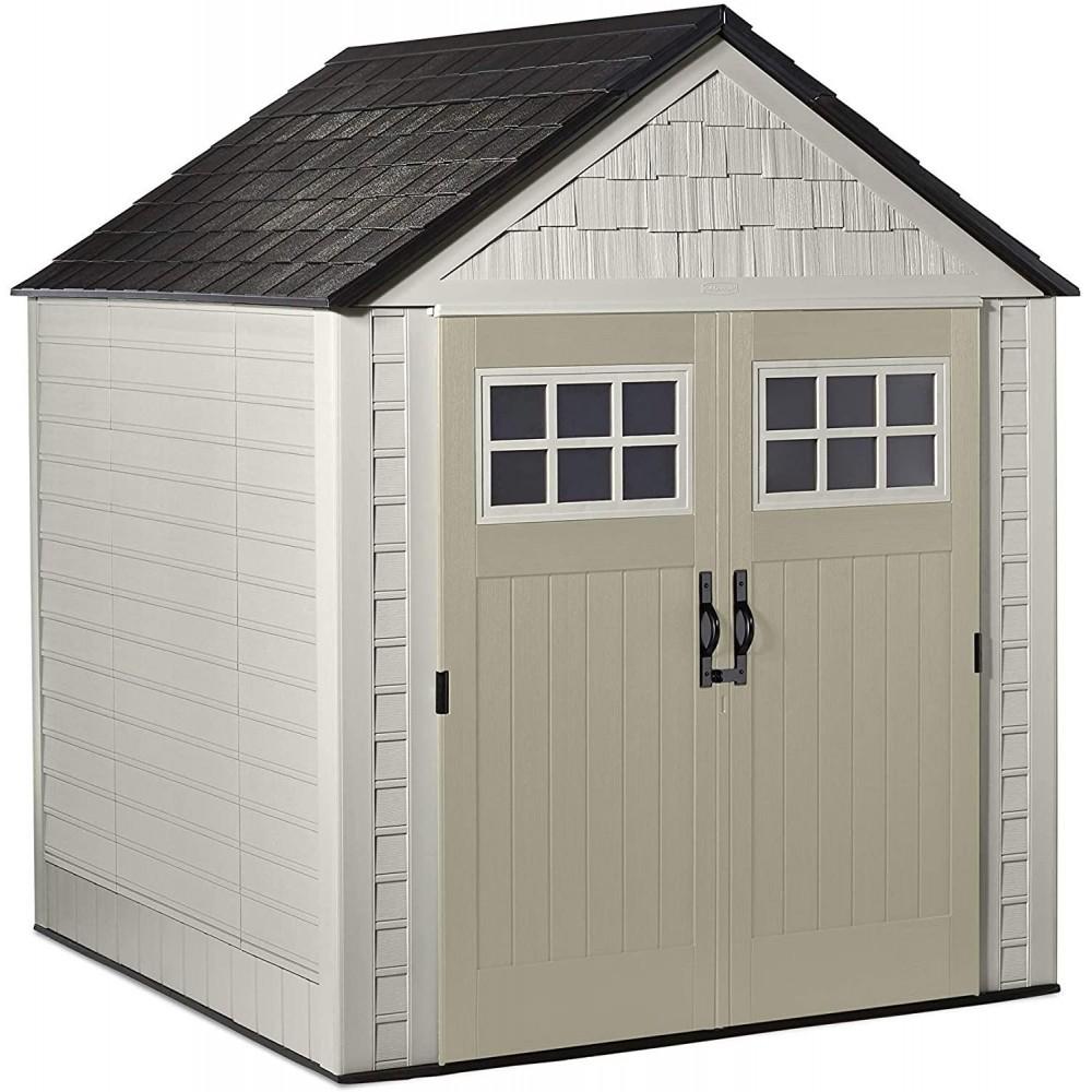 Rubbermaid 7×7 Ft Durable Weather Resistant Resin Outdoor Garden Storage Shed with Windows and Utility Hooks, Sand - Image 2