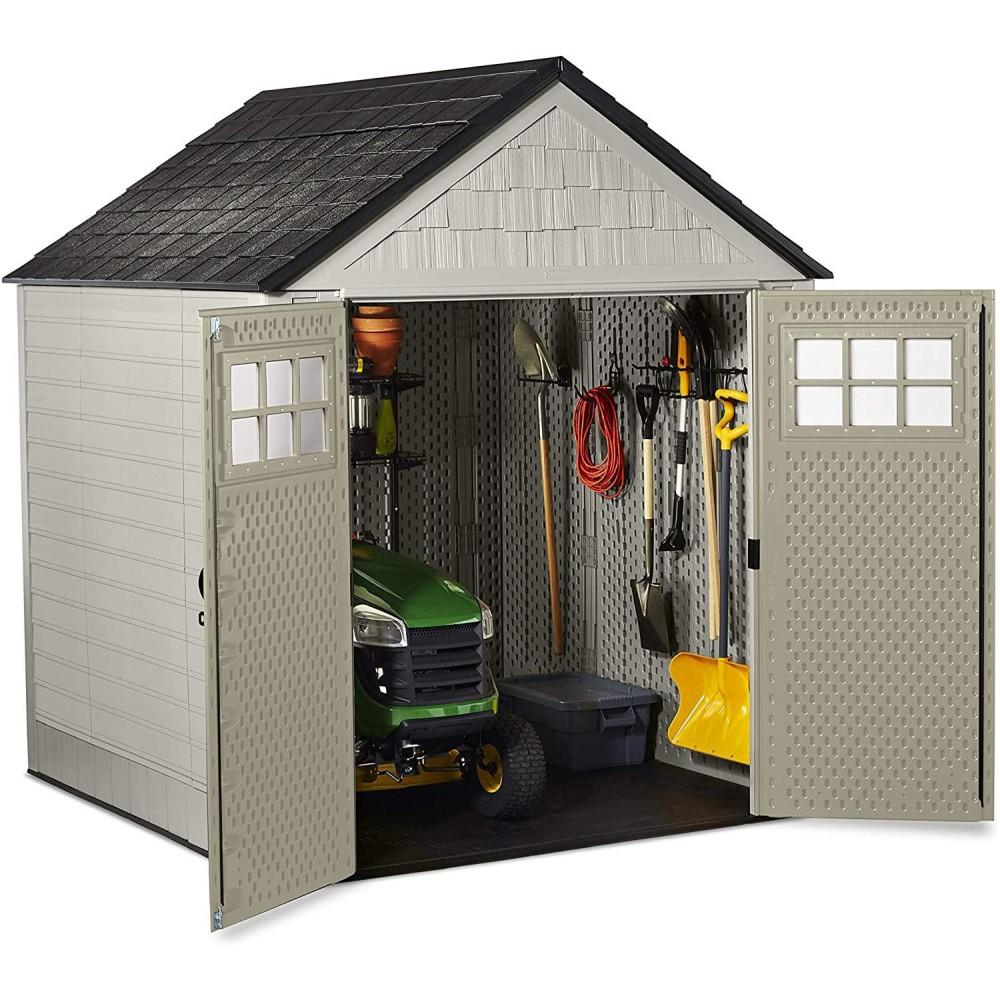 Rubbermaid 7×7 Ft Durable Weather Resistant Resin Outdoor Garden Storage Shed with Windows and Utility Hooks, Sand - Image 6