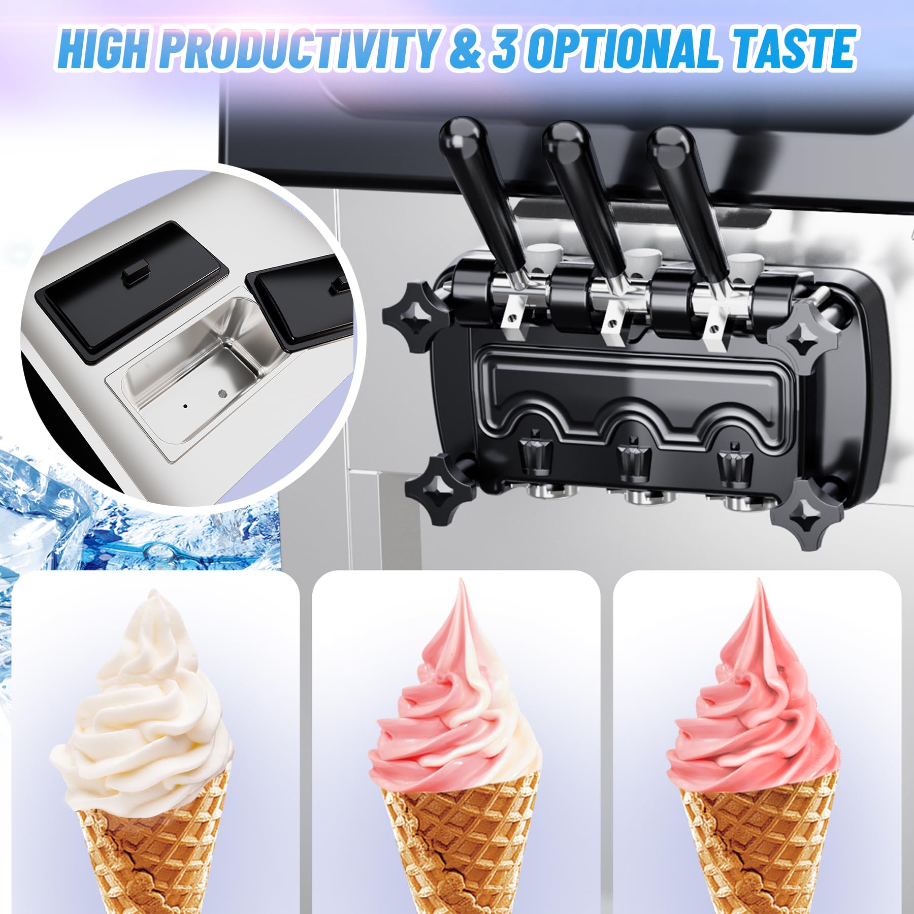 2200W Commercial Ice Cream Machine, 3 Flavor Soft Serve Ice Cream Machine, 5.3-7.4 Gal/Hr, with LCD Touch Screen, Automatic Cleaning, High Productivity for Home Snack Bar & Restaurants - Image 10