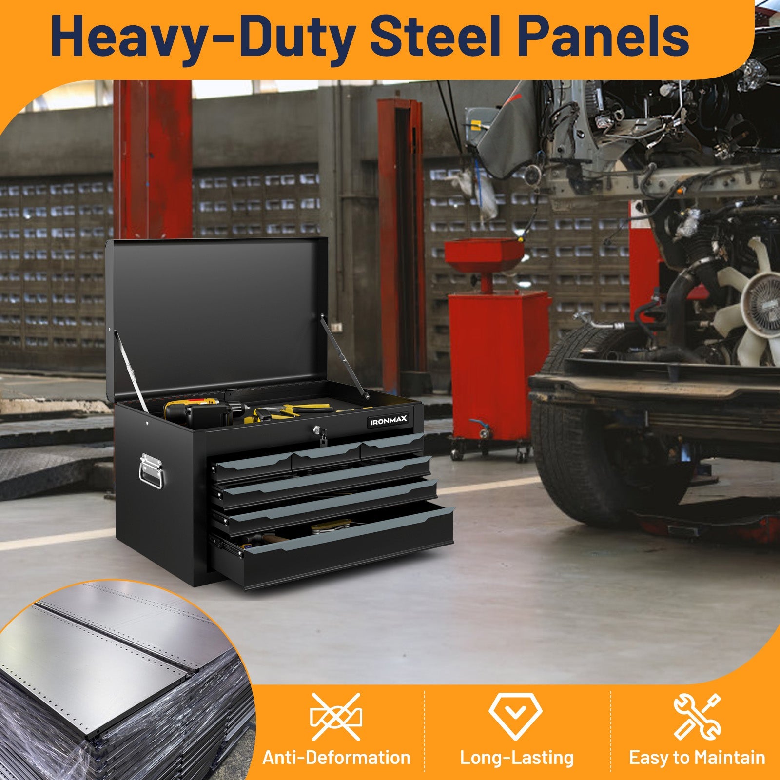 Steel Tool Box, 24” Tool Chest Case with 6 Drawers, Top Storage, Automatic Lock - Image 6