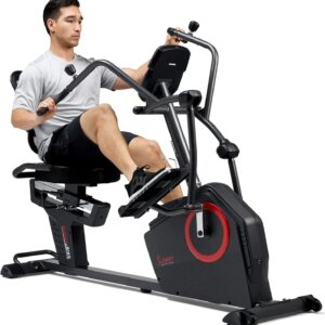 Sunny Health & Fitness Electromagnetic Recumbent Cross Trainer Exercise Elliptical Bike w/Arm Exercisers, Easy Access Seat & Exclusive SunnyFit庐 App Enhanced Bluetooth Connectivity - SF-RBE4886SMART