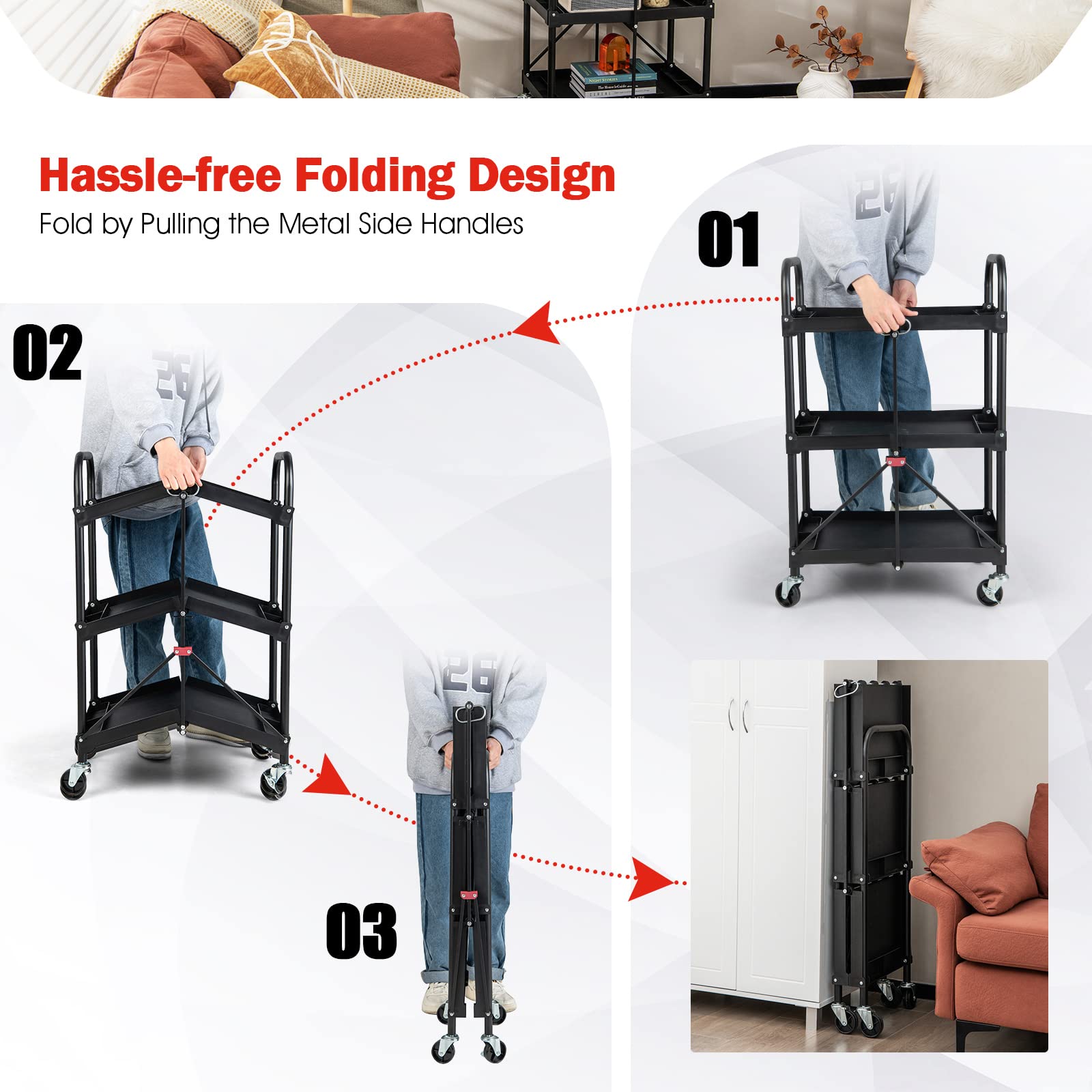 Folding Utility Cart, 3-Tier Rolling Tool Cart with Universal Wheels, 330 LBS Weight Capacity, Black - Image 2