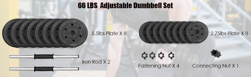 Adjustable Dumbbell Barbell Weight Pair 66 lbs