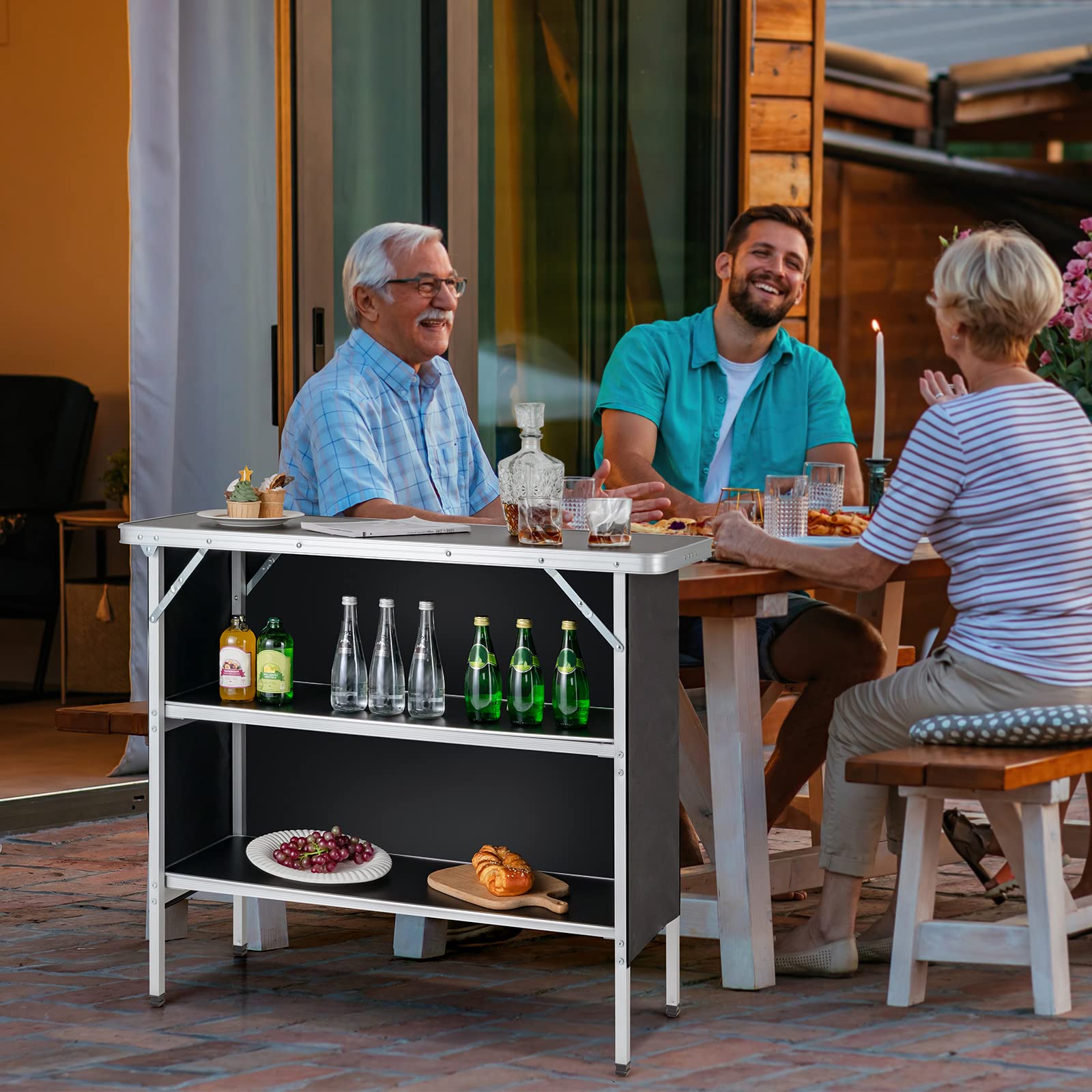 Goplus Folding Camping Table, Aluminum Portable Pop-Up Bar Table with 2-Tier Storage Shelves - Image 15