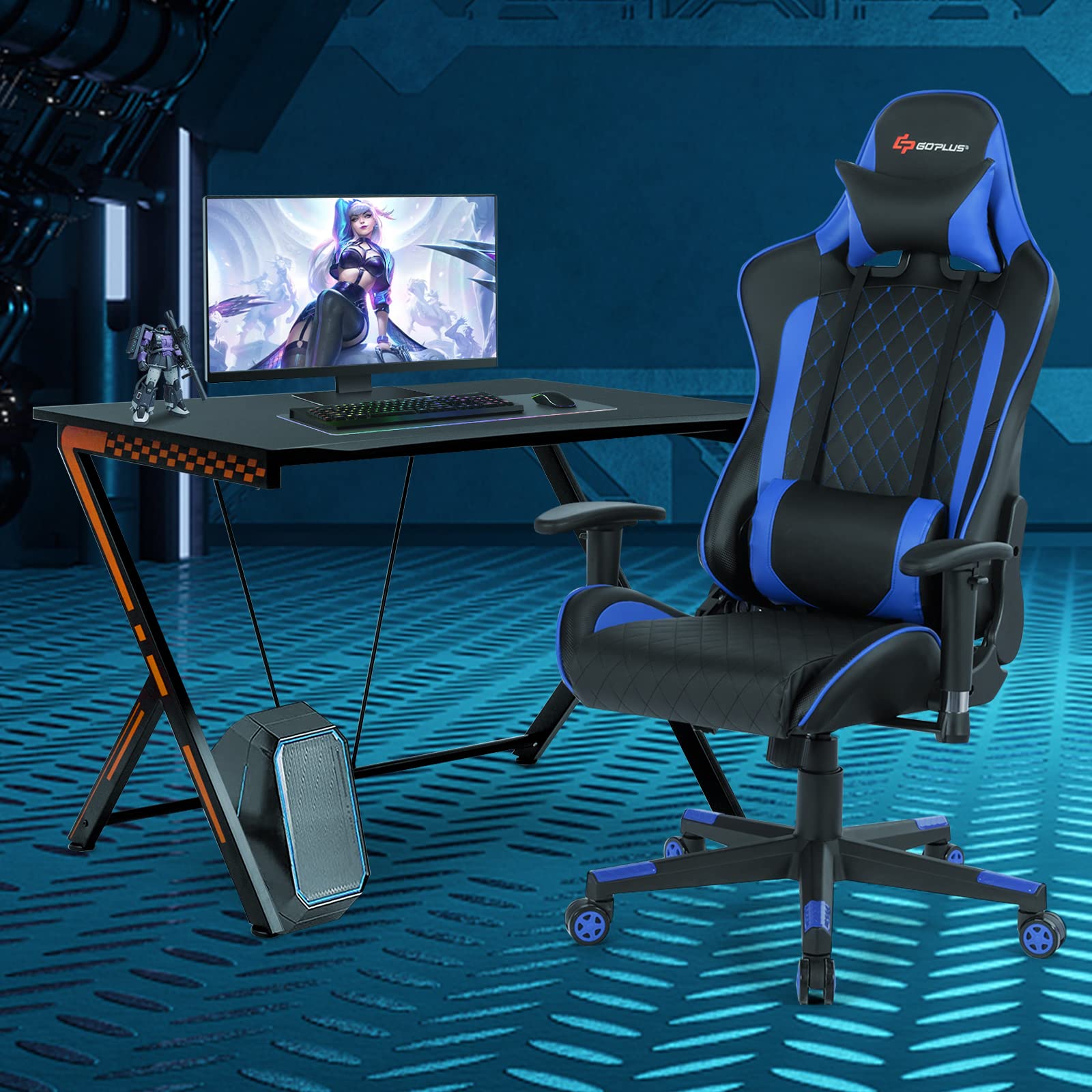 Gaming Desk & Chair Combo Set, Racing Style Home Office Gamer Workstation w/Massage Lumbar Support & Headrest - Image 3