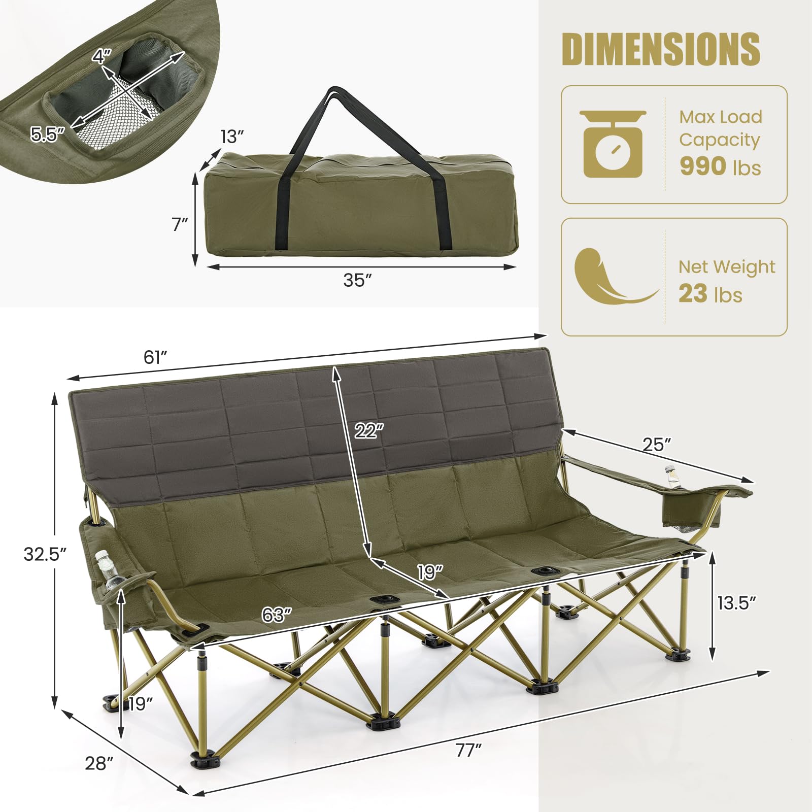 3 Person Camping Chair for Adults, Outdoor Folding Oversized Camping Couch Chair (3-Person Seat) - Image 3