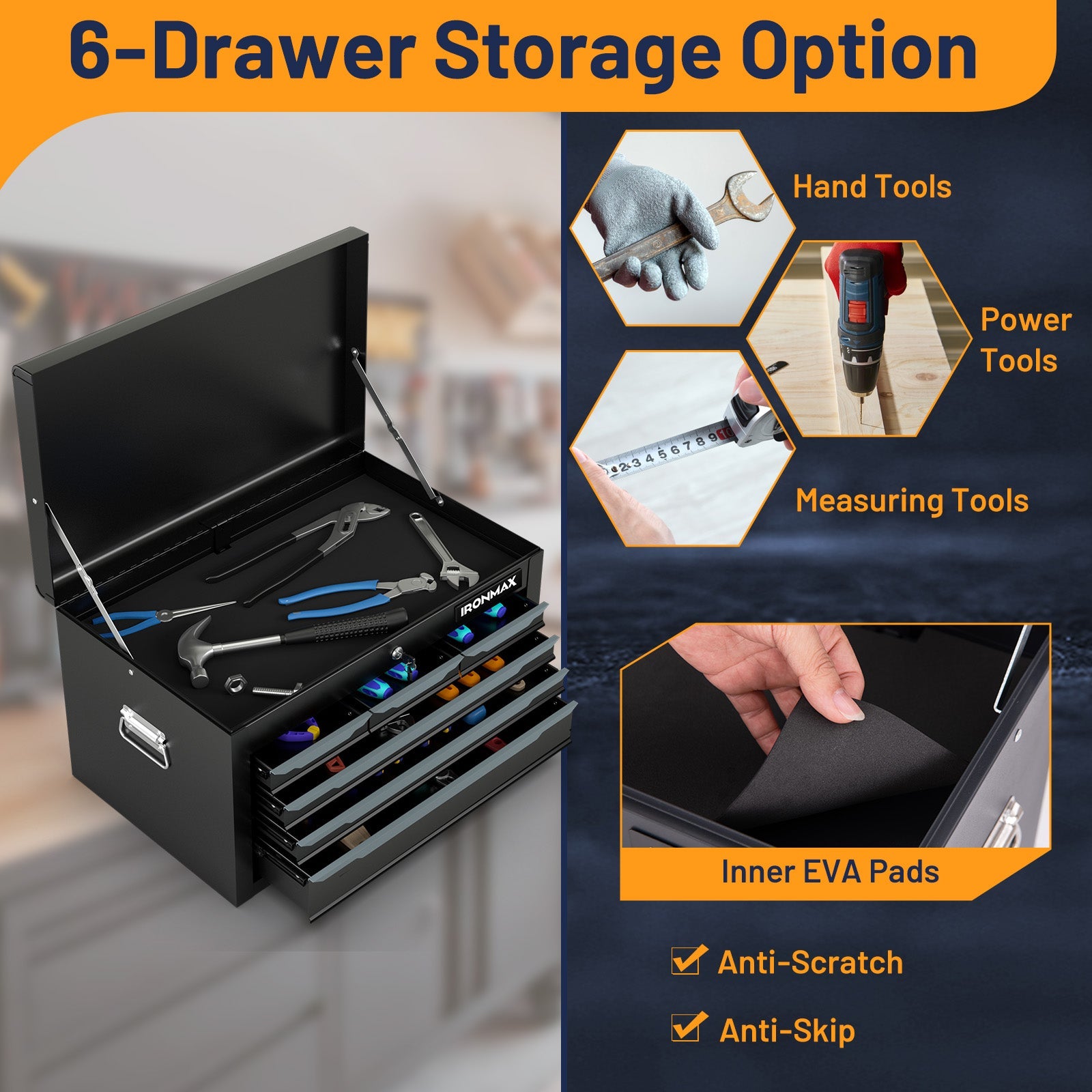 Steel Tool Box, 24” Tool Chest Case with 6 Drawers, Top Storage, Automatic Lock - Image 5