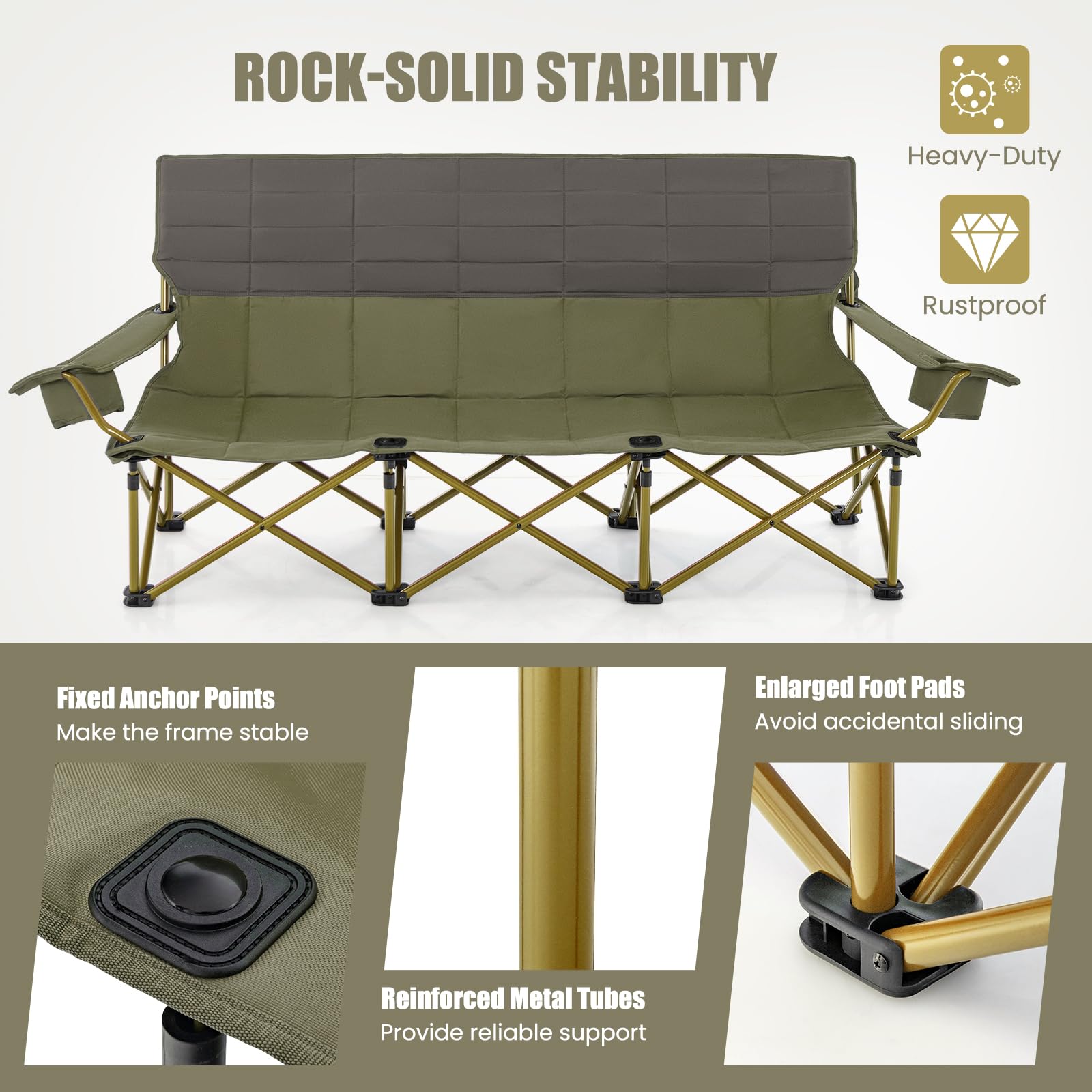 3 Person Camping Chair for Adults, Outdoor Folding Oversized Camping Couch Chair (3-Person Seat) - Image 5