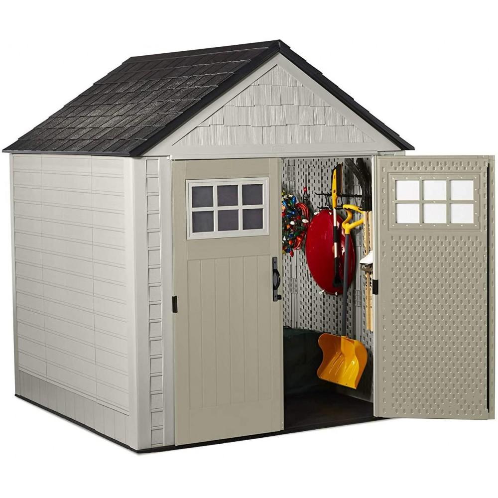 Rubbermaid 7×7 Ft Durable Weather Resistant Resin Outdoor Garden Storage Shed with Windows and Utility Hooks, Sand - Image 4