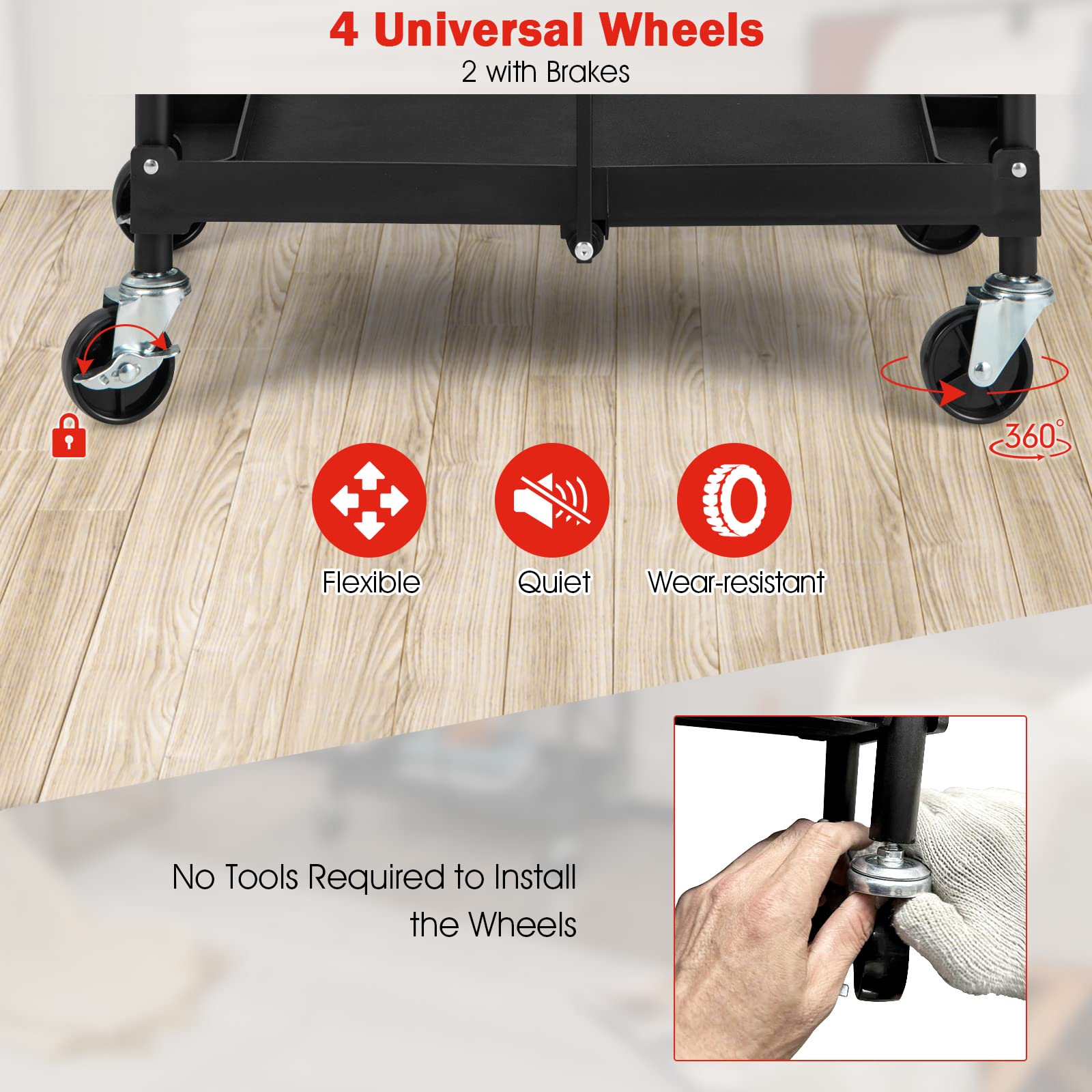 Folding Utility Cart, 3-Tier Rolling Tool Cart with Universal Wheels, 330 LBS Weight Capacity, Black - Image 5