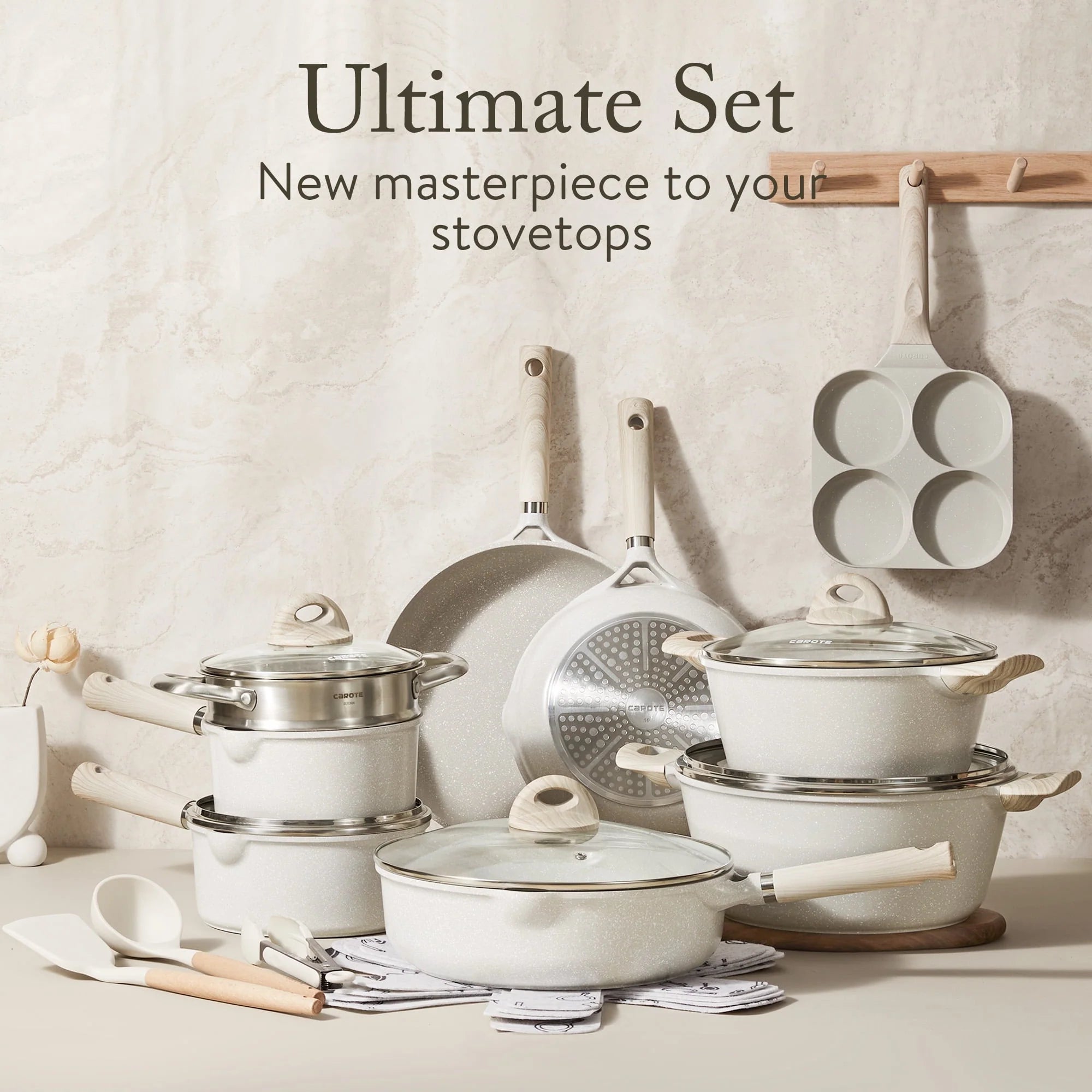 Non Stick Pots and Pans Set, 21 Pcs Induction Kitchen Cookware Sets (Beige Granite) - Image 3